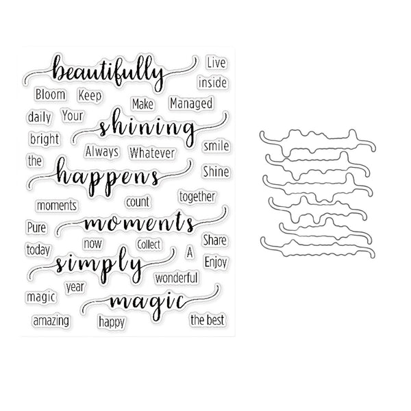 Set of clear stamps with various phrases and wavy line designs on a white background