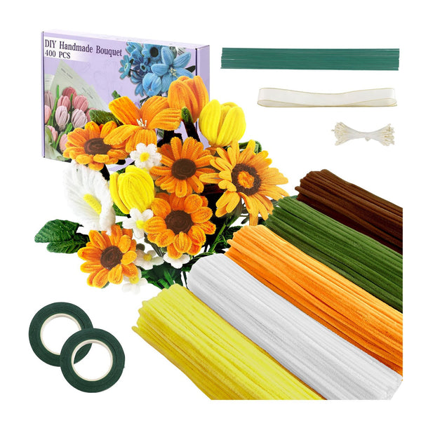 Flower arrangement kit with flowers, sticks, and tape on a white background