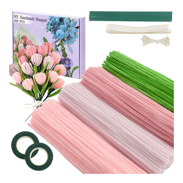 Flower arrangement kit with sticks, tape, and a bouquet image on a white background