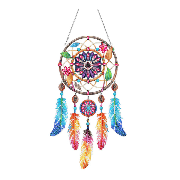 Colorful dreamcatcher with feathers on a white background