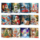 A collage of 12 diamond painting or cross-stitch style holiday scenes, including Santa Claus, snowmen, gingerbread houses, a Christmas tree, a reindeer, and festive winter motifs, arranged in a grid on a white background.