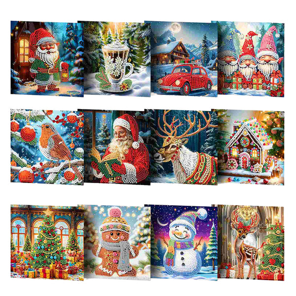 A collage of 12 diamond painting or cross-stitch style holiday scenes, including Santa Claus, snowmen, gingerbread houses, a Christmas tree, a reindeer, and festive winter motifs, arranged in a grid on a white background.