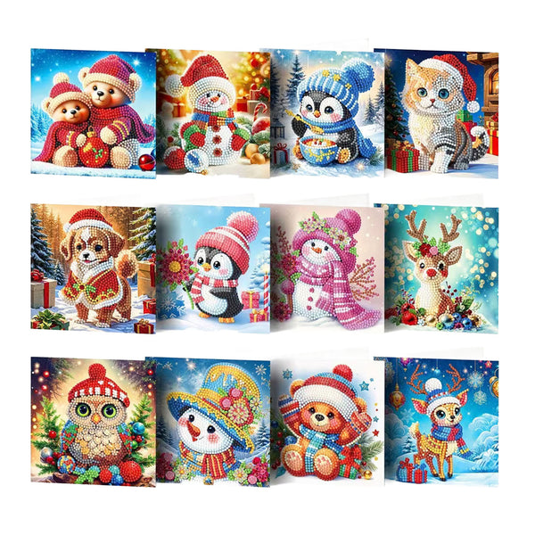 A 12-piece set of diamond painting canvases featuring various festive Christmas and winter-themed animal illustrations, including teddy bears, snowmen, penguins, a cat, a dog, a deer, and an owl, each wearing colorful winter clothing.