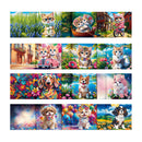A 4x3 grid of 12 colorful diamond painting or cross-stitch pattern designs, featuring various cute cats and dogs in outdoor scenes, flowers, and whimsical vehicles.