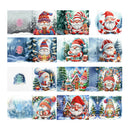 A collage of multiple Christmas-themed square graphics featuring Santa Claus, snow-covered trees, gift boxes, candy canes, and winter village scenes on a white background.
