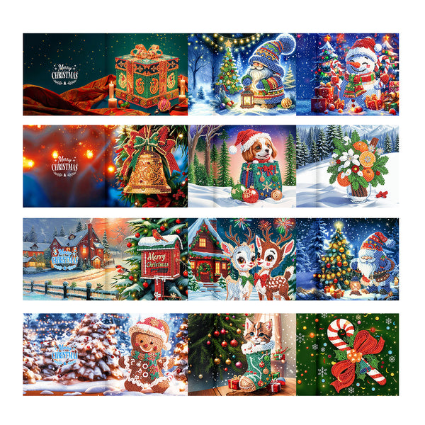 A collage of 15 Christmas-themed diamond painting or craft kit designs, featuring festive scenes with Santa, snow, gifts, ornaments, gingerbread men, reindeer, a dog, and candy canes.