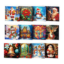 A set of 12 Christmas-themed diamond painting canvases arranged in a 3x4 grid on a white background. The designs feature festive holiday scenes including Santa Claus, snowmen, a penguin, a deer, a Christmas tree, a bell, and a gingerbread house.