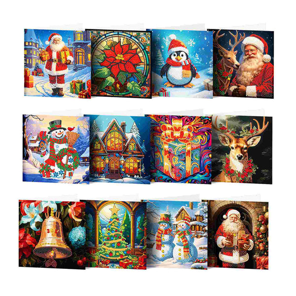 A set of 12 Christmas-themed diamond painting canvases arranged in a 3x4 grid on a white background. The designs feature festive holiday scenes including Santa Claus, snowmen, a penguin, a deer, a Christmas tree, a bell, and a gingerbread house.