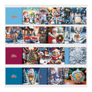 A collage of four horizontal holiday-themed panels showing Christmas scenes and motifs, including penguins, Santa Claus, a red car, a deer, a teddy bear, snowflakes, ornaments, and a colorful bauble, with a small 'Merry Christmas' logo on some panels.