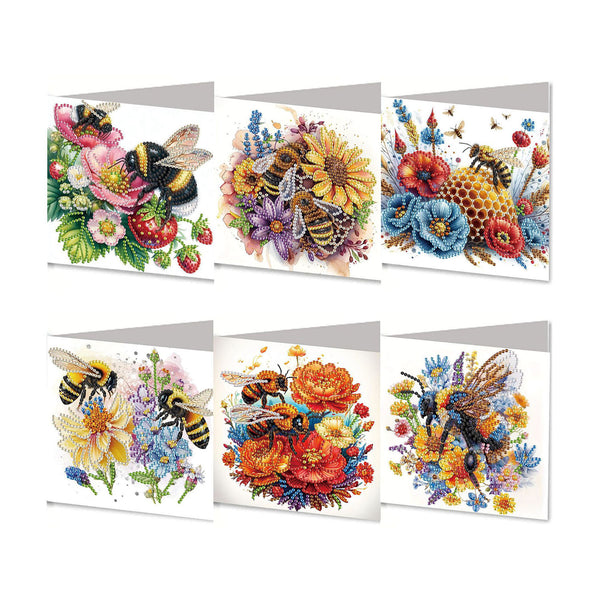 Six diamond painting cards featuring colorful floral and bee designs, arranged in two rows on a plain white background.