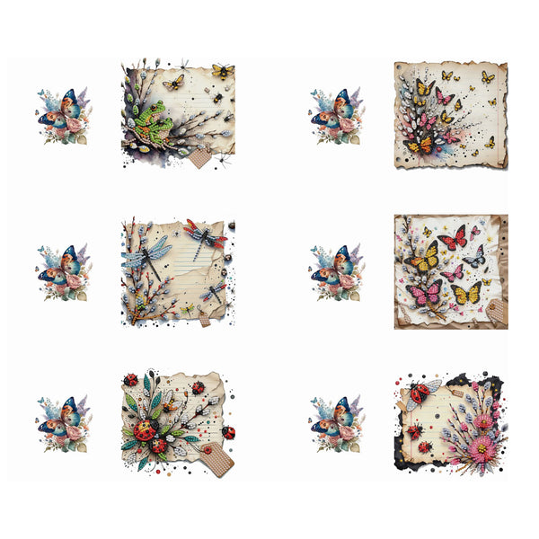 A set of decorative scrapbook paper or cardstock designs arranged on a white background, featuring watercolor-style butterflies, flowers, dragonflies, and rustic torn-paper layouts.