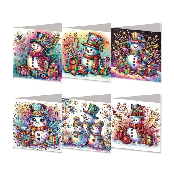 Six Christmas-themed greeting cards arranged in two rows on a white background. Each card features a colorful, whimsical illustration of snowmen wearing top hats and scarves, surrounded by presents and festive decorations.