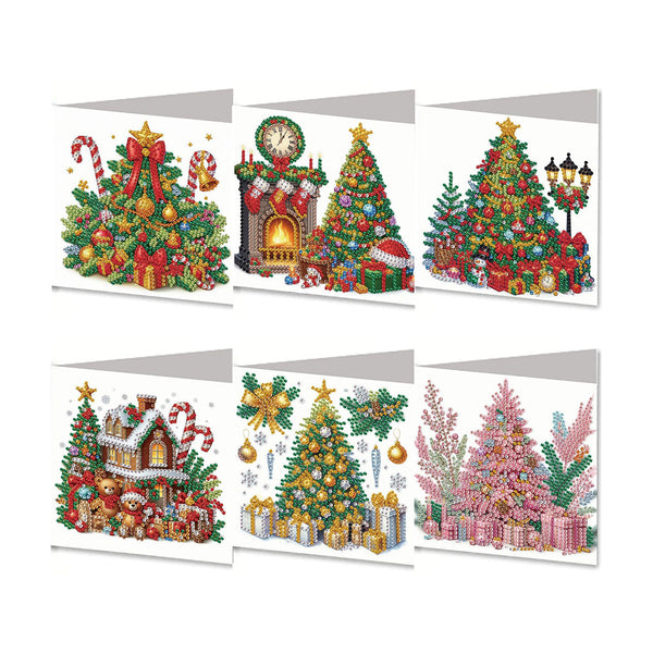 Six Christmas-themed diamond painting canvas sets arranged in a 2x3 grid on a white background. The designs include a decorated Christmas tree with gifts, a cozy fireplace scene, a large Christmas tree with a street lamp, a snowy house with Santa, a gold and silver Christmas tree, and a pink Christmas tree with presents.