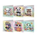 Six diamond painting cards featuring cute animal illustrations, arranged in two rows on a plain white background. The animals include an elephant, panda, raccoon, zebra, owl, and turtle, each decorated with colorful flowers and set against pastel backgrounds.