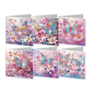 Six diamond painting canvases featuring colorful butterfly and floral designs, arranged in a two-by-three grid on a white background.