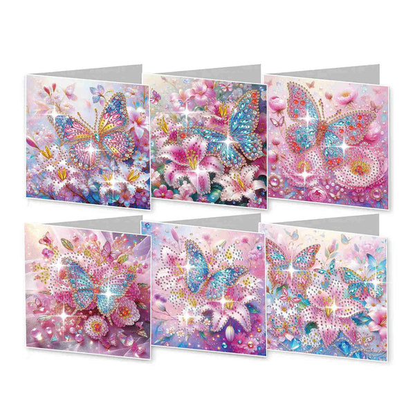 Six diamond painting canvases featuring colorful butterfly and floral designs, arranged in a two-by-three grid on a white background.