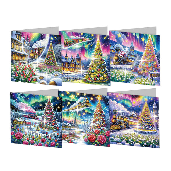 Six Christmas-themed diamond painting canvases displayed in two rows against a white background, each featuring vibrant, colorful winter scenes with decorated trees, snow, lights, and festive landscapes.