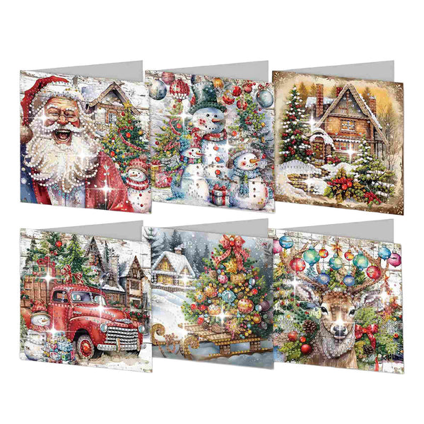 Six Christmas-themed greeting cards arranged in a 2x3 grid on a white background. The designs include Santa Claus, snowmen, a snowy cabin, a red vintage truck, a sleigh, and a decorated deer surrounded by ornaments and trees.