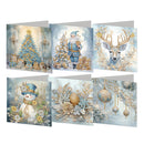Six Christmas greeting cards arranged in two rows of three on a white background. The cards feature winter and holiday illustrations in soft blue, white, and gold tones, including a blue Christmas tree, Santa Claus, a deer with antlers, a snowman in a top hat, ornaments, and floral winter arrangements.
