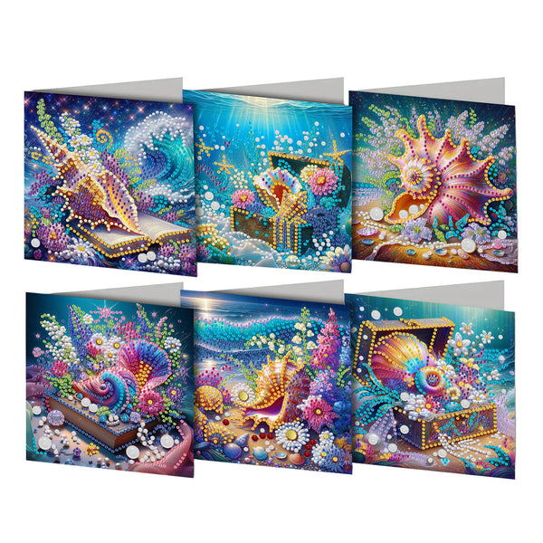 Six diamond painting cards featuring vibrant underwater treasure scenes with seashells, pearls, coral, and glowing gems, arranged in two rows on a white background.