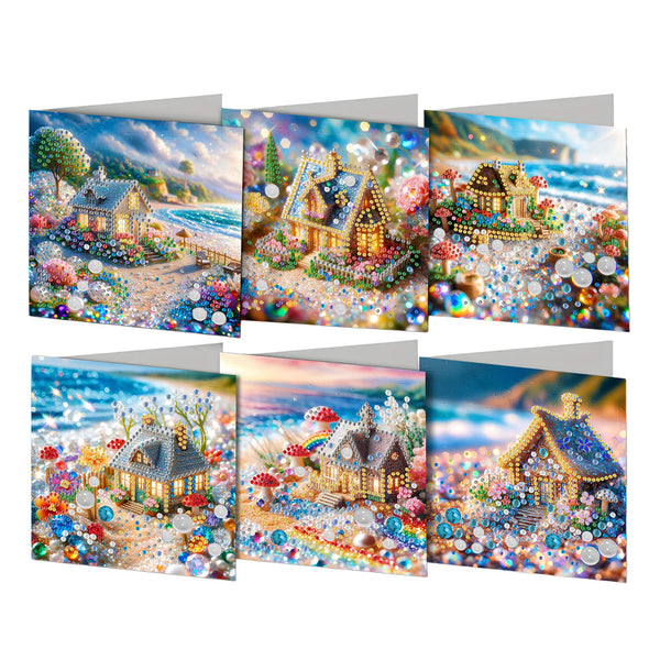 Six diamond painting canvases depicting colorful, whimsical beach houses surrounded by sparkling gems, shown on a plain white background.