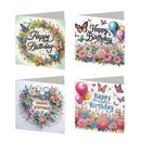 Four colorful birthday greeting cards arranged in a 2x2 grid on a white background. Each card features decorative floral wreaths, butterflies, balloons, and 'Happy Birthday' text in different color schemes.