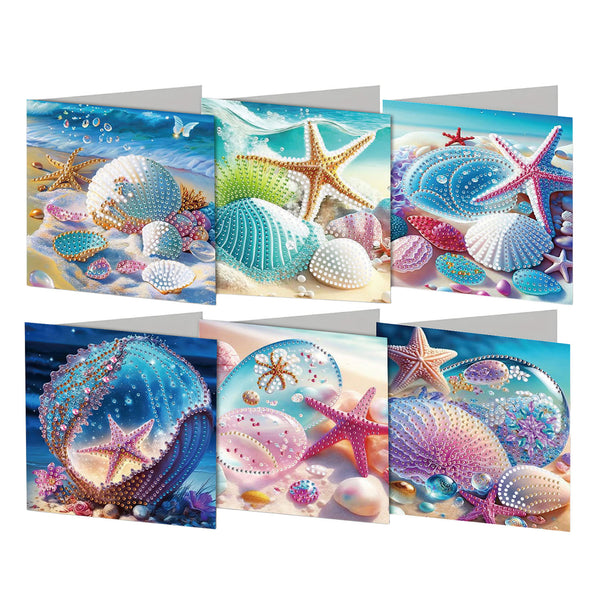 Six square greeting cards arranged in two rows on a white background, each featuring a colorful seashore scene with shells, starfish, pearls, and ocean waves.