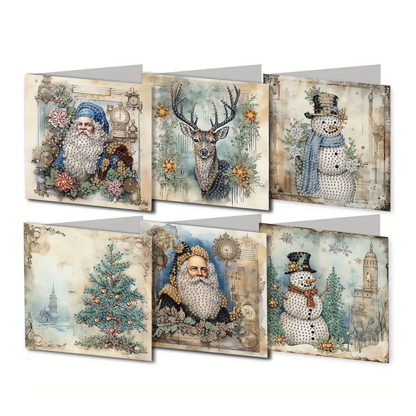 Six vintage-style Christmas greeting cards arranged in two rows on a white background, featuring Santa Claus, a deer, a snowman, and winter landscapes.