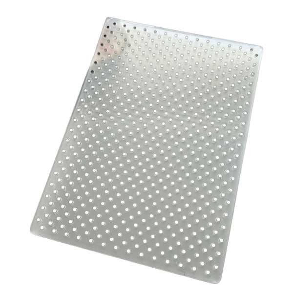 Clear plastic pegboard with holes on a white background