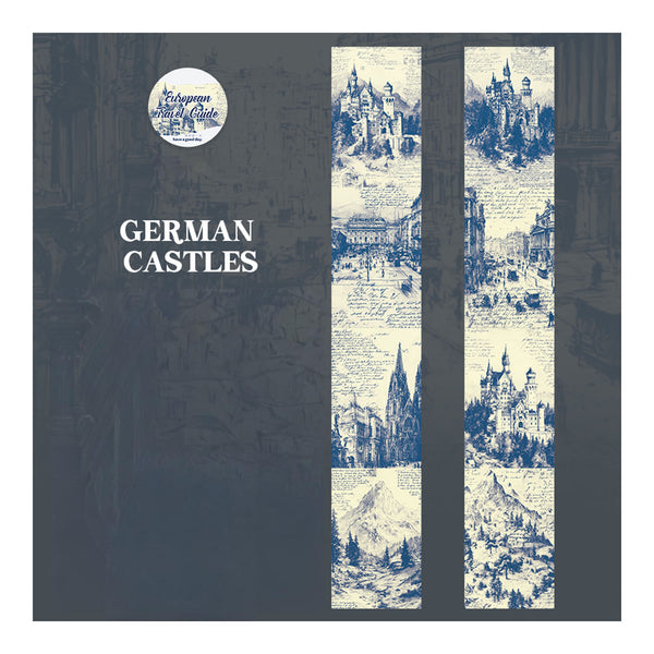 Book cover with illustrations of German castles and text on a dark background