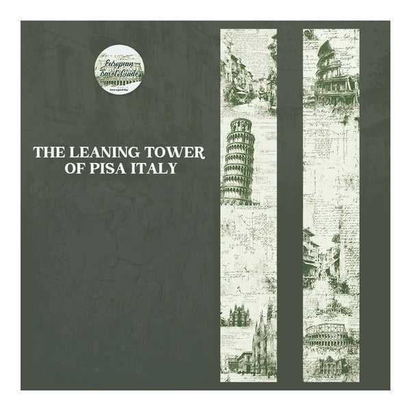 Book cover with illustrations of the Leaning Tower of Pisa and text on a dark green background