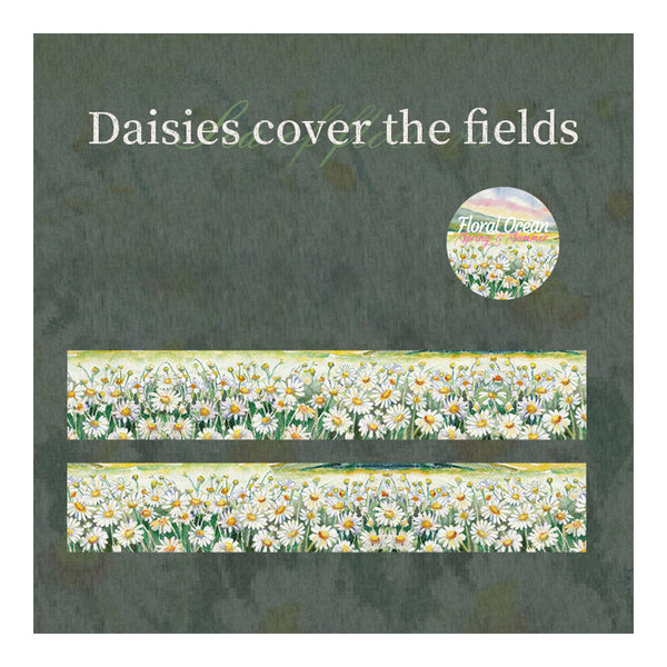 Decorative paper strip with daisies on a dark green background, featuring the brand 'Floral Ocean'.