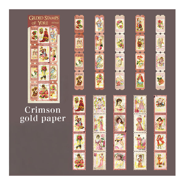 Collection of vintage-style stamps on Crimson gold paper with 'Gilded Stamps of Yore' branding.