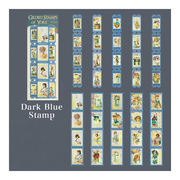 Collection of vintage-style stamps on a dark blue background with 'Gilded Stamps of Yore' branding.