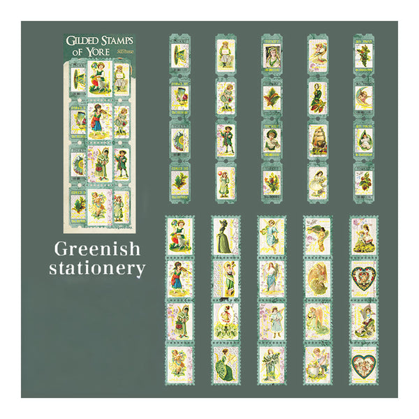 Collection of vintage-style stamps on a green background with 'Gilded Stamps of Yore' branding.