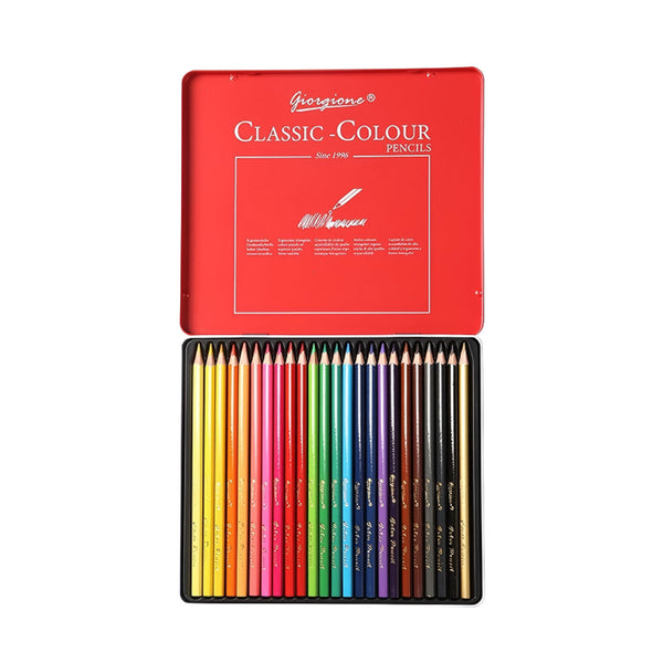 Set of colored pencils in a red tin with 'Georgione' branding on a white background