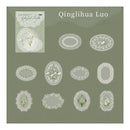 Decorative doilies with floral patterns on a green background, featuring the brand 'Qinglihua Luo'.