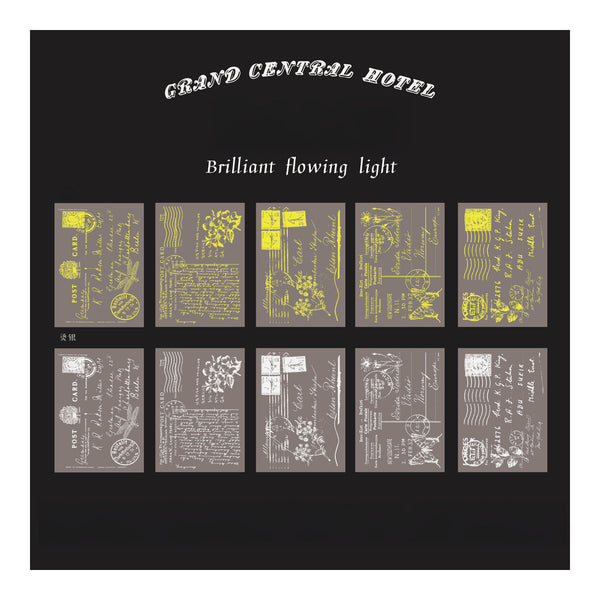 Collection of vintage-style cards with text and graphics on a black background, featuring 'Grand Central Hotel' at the top.