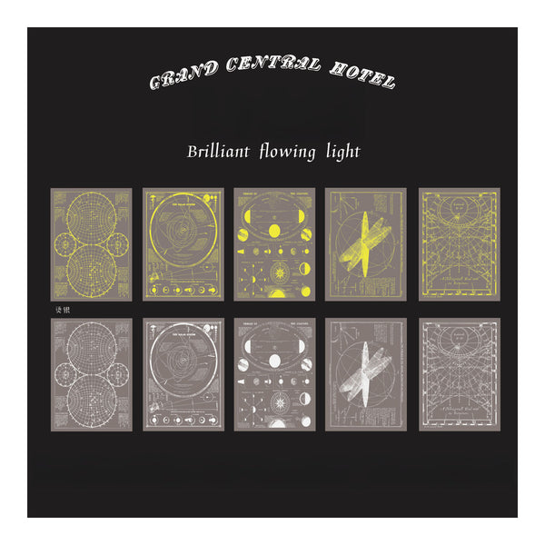 Collection of posters with geometric designs on a black background, featuring the text 'Grand Central Hotel' and 'Brilliant flowing light'.