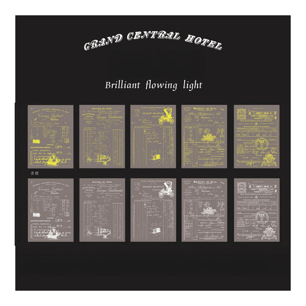 Vintage-style menu or information board with text and graphics on a black background, featuring 'Grand Central Hotel' at the top.