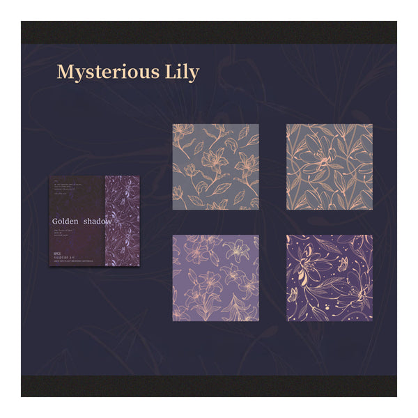 Product packaging with floral patterns and 'Mysterious Lily' branding on a dark background