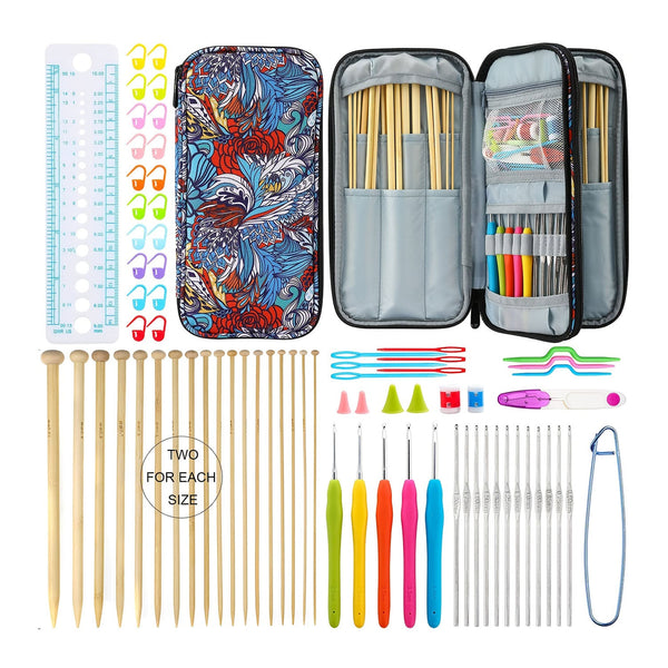 Knitting needle set with colorful case and accessories on a white background