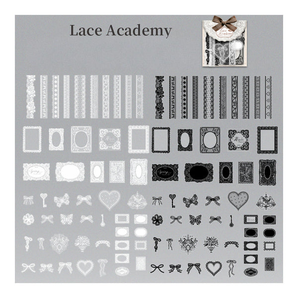 Collection of lace and design elements on a gray background with 'Lace Academy' branding.