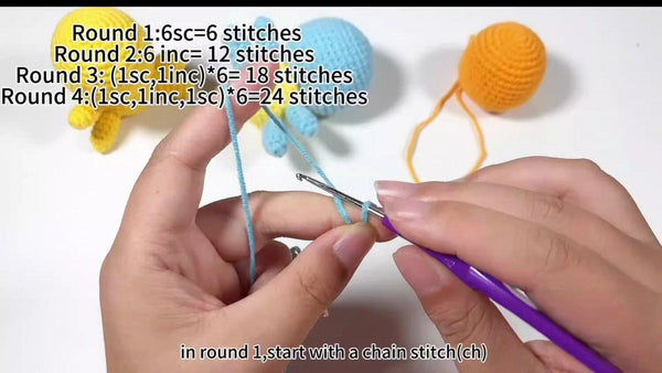 Close-up of hands crocheting with yarn and a crochet hook on a white background.