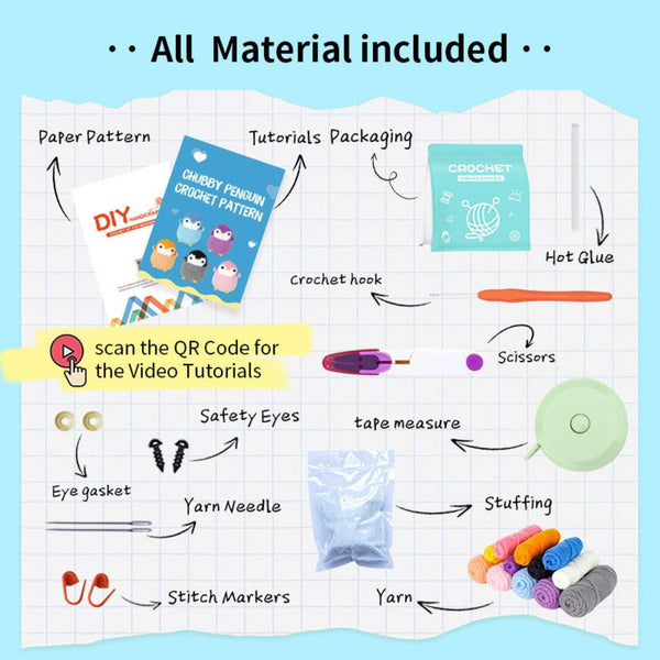 Diagram of crochet penguin kit contents with labeled items on a checkered background.