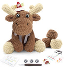 Knitted moose toy with accessories on a white background