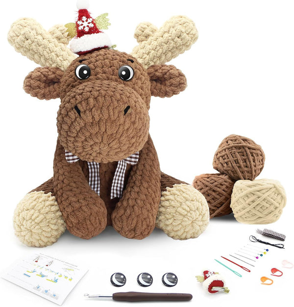 Knitted moose toy with accessories on a white background