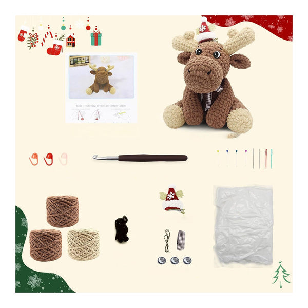Crochet kit with a moose toy, yarn, hooks, and buttons on a decorative background.