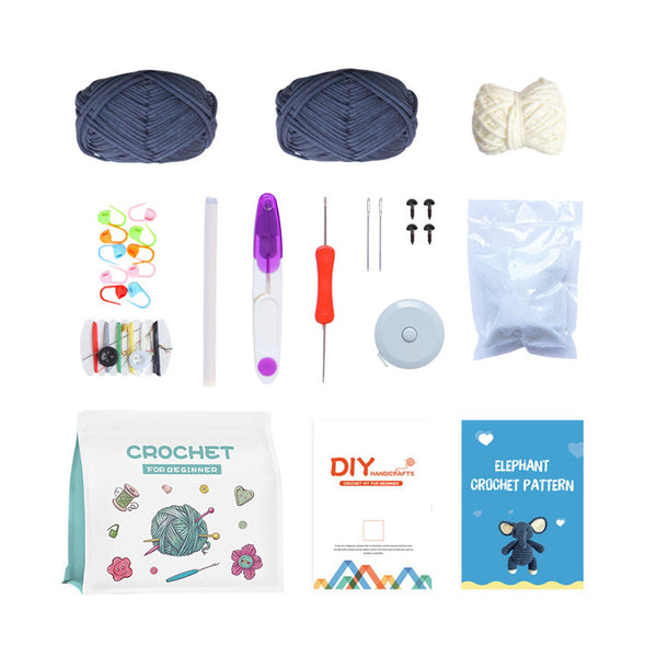 Collection of crochet supplies including yarn, hooks, and patterns on a white background
