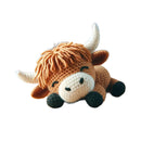 Crocheted toy bull with long hair on a white background